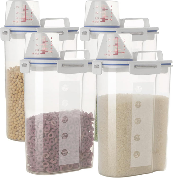 5.5 Lbs Rice Airtight Dry Food Storage Container Set of 4, Rice Storage Bin Cereal Containers Dispenser, Thicken Plastic Clear Food Storage Box with Pouring Spout, Measring Cup for Grain, Flour Snacks