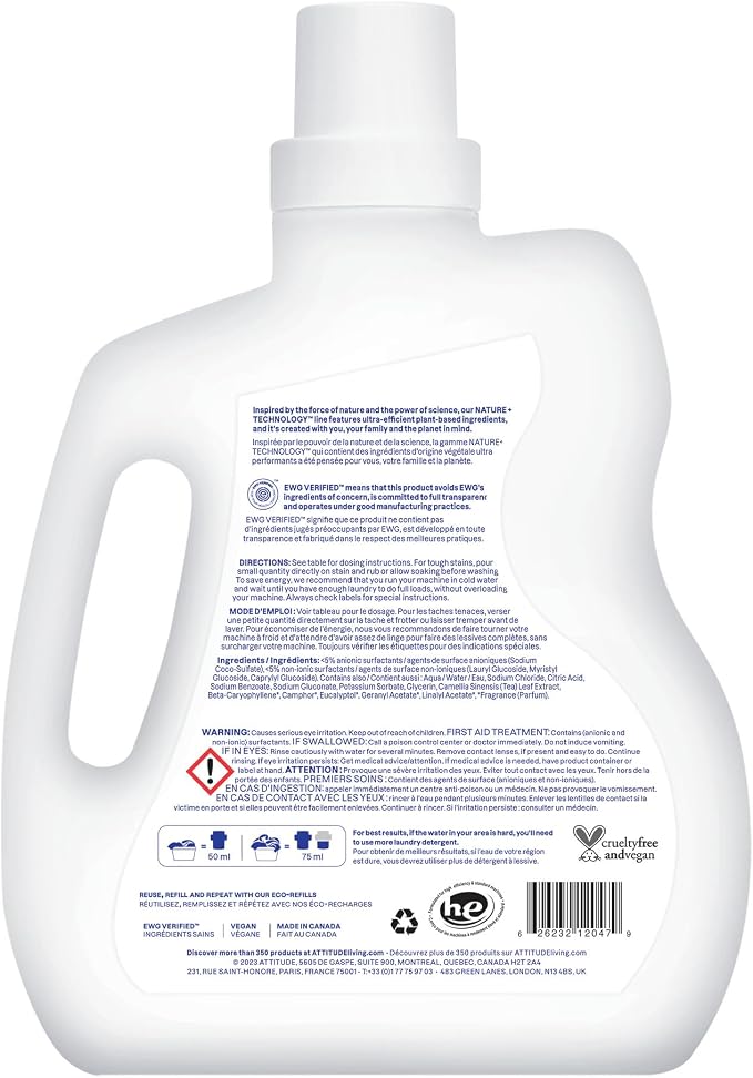 ATTITUDE Liquid Laundry Detergent, EWG Verified, HE Compatible, Plant-Based & - Image 7