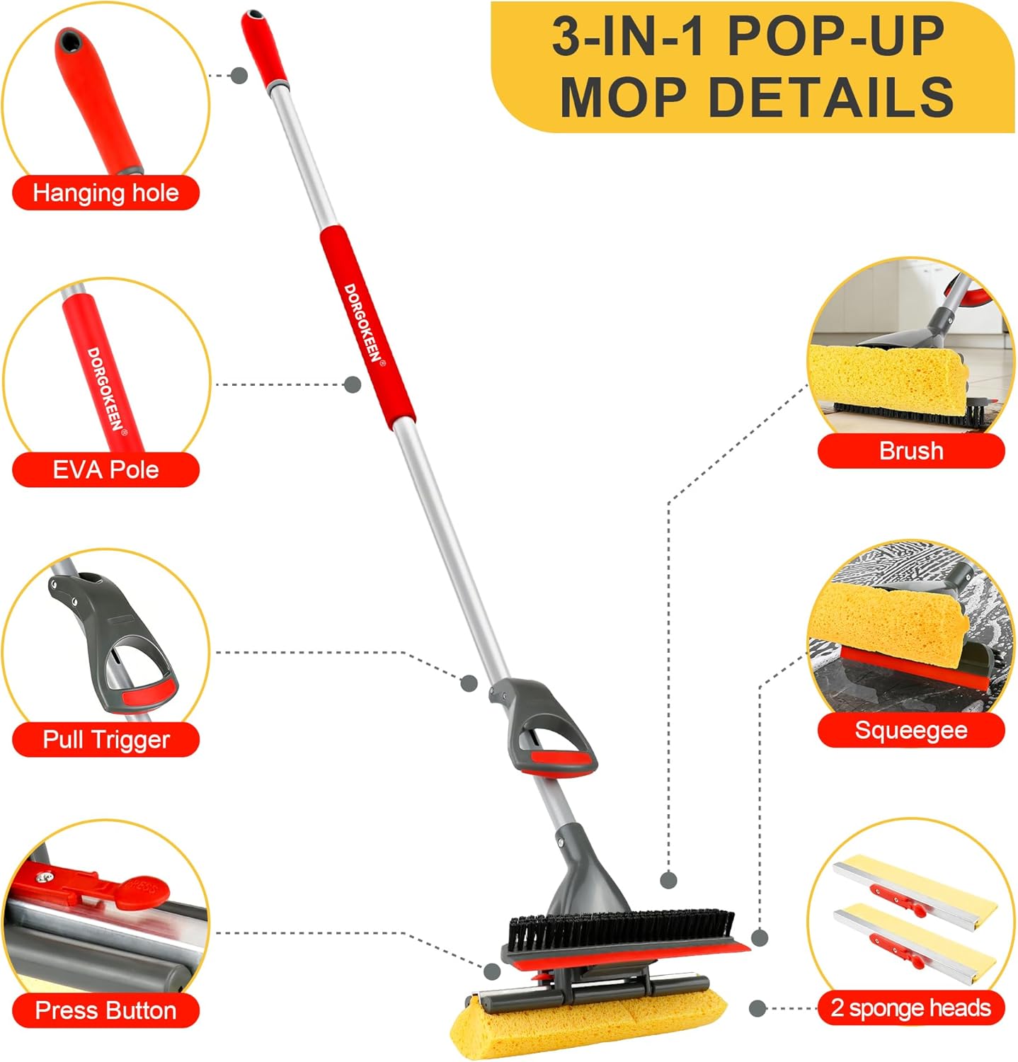 Sponge Mop for Floor Cleaning, Home Commercial Pop-up Cellulose Sponge Roller Mop with 2 Refill Heads, Includes Squeegee and Brush for Hardwood Tile Concrete Bathroom Kitchen Wall Ceiling
