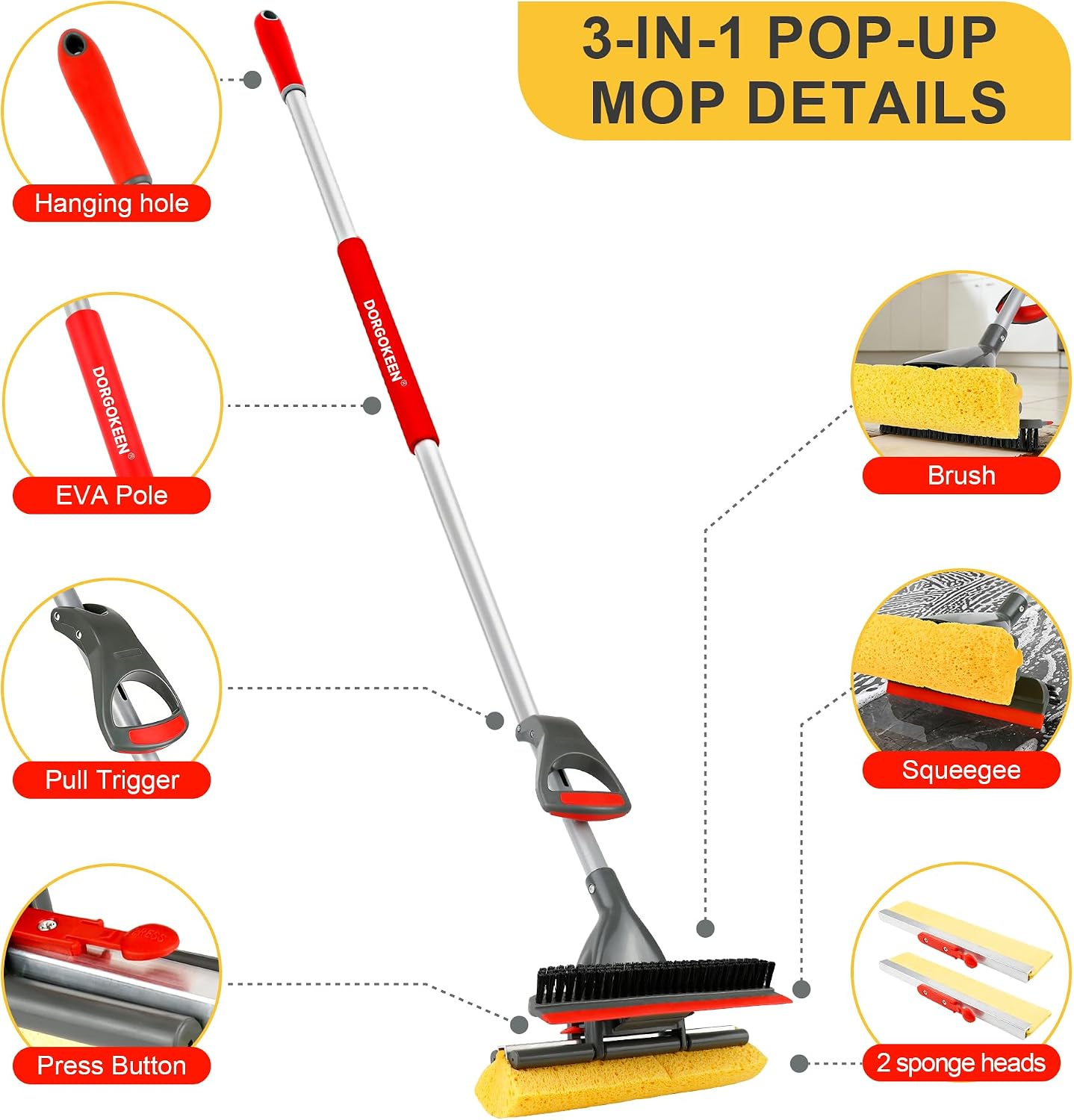 Sponge Mop for Floor Cleaning, Home Commercial Pop-up Cellulose Sponge Roller Mop with 2 Refill Heads, Includes Squeegee and Brush for Hardwood Tile Concrete Bathroom Kitchen Wall Ceiling