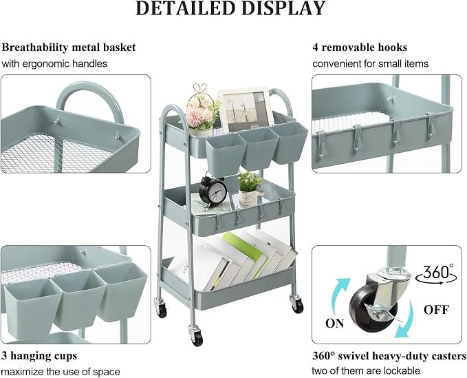 danpinera 3-Tier Rolling Cart, Metal Rolling Storage Cart - Image 2
