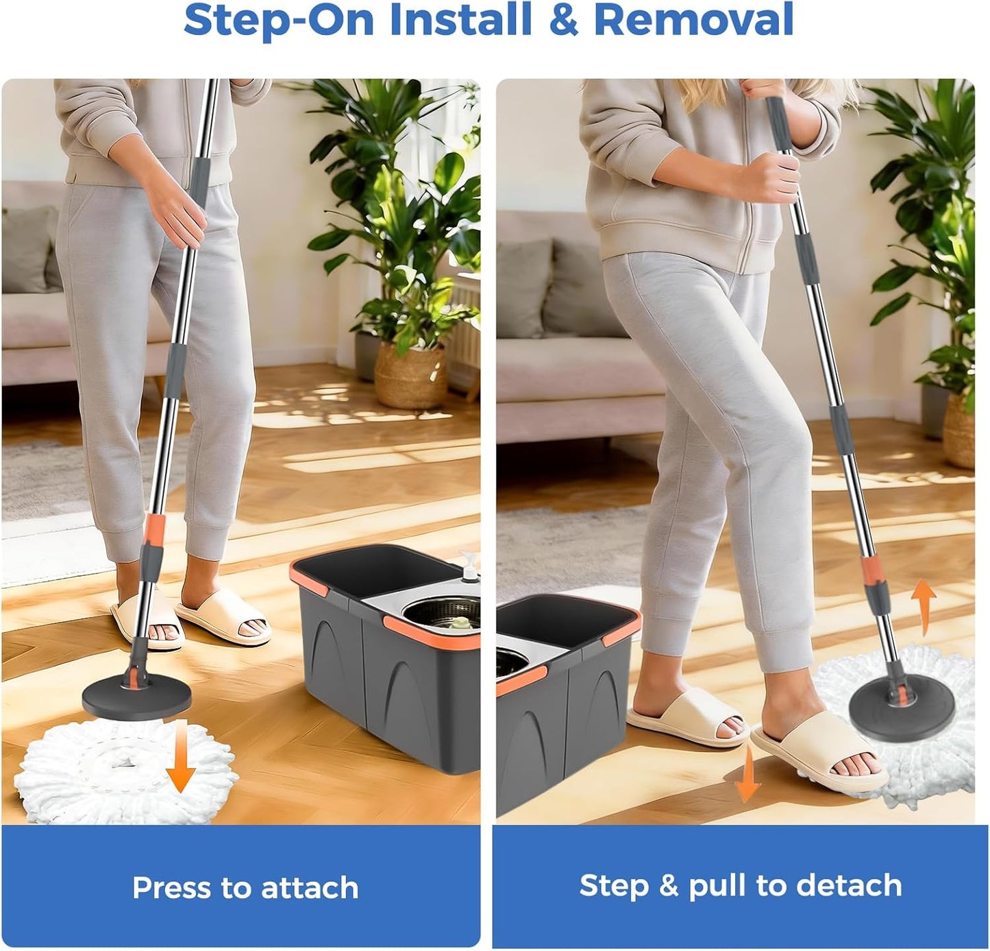 YASHE Foldable Spin Mop and Bucket System, Dual-Bucket Cleaning & Stainless Steel Wringing, Collapsible Storage with Detergent Bottle, 2 Reusable Microfiber Mop Heads for Floor Cleaning