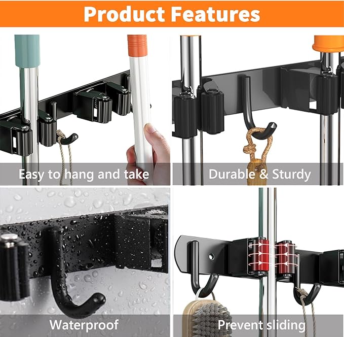 Mop and Broom Holder Wall Mount, Upgraded Broom Organizer Wall Mount, Stainless - Image 2