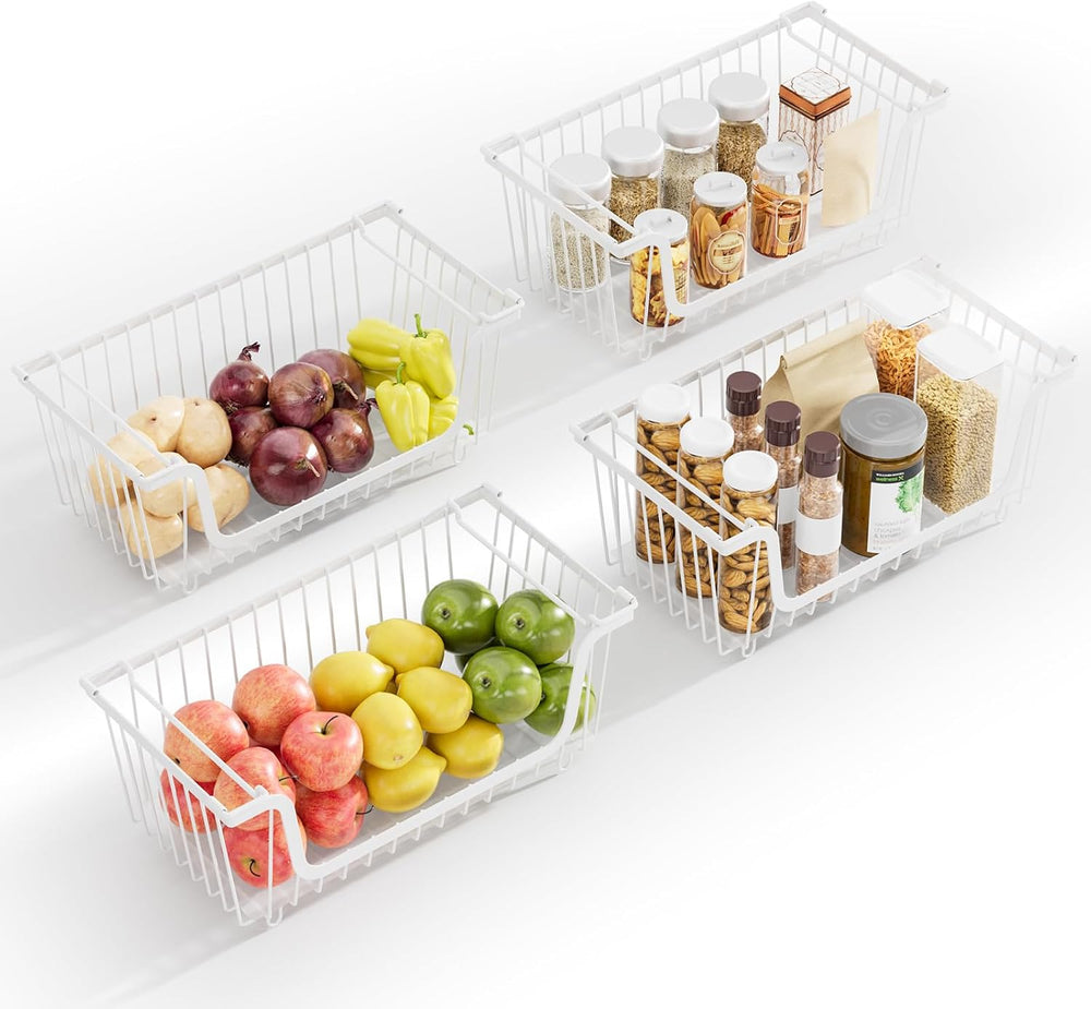 4 Pcs Stackable Wire Baskets for Pantry Organizers and Storage, White