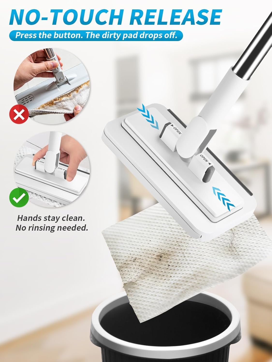 Snap Grip Mini Mop with 5 Reusable Cloths, 50 Inch Adjustable Lazy Mop, Hands Free Cloth Changing Flat Mops with Wall Hook for Wet Dry Floor Wall Bathroom Kitchen Corner Cleaning