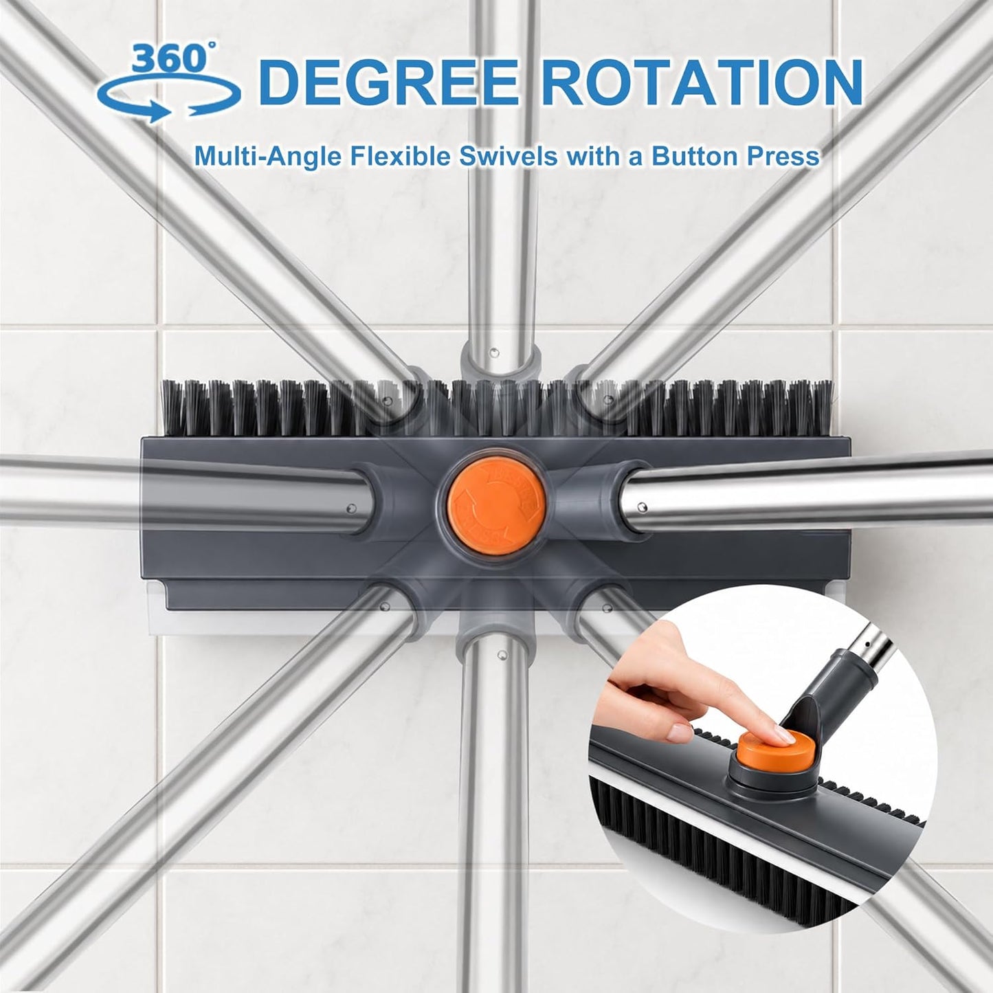 Floor Scrub Brush with Long Handle, 3 in 1 Floor Scrubber, Heavy Duty Stiff Bristle Squeegee Broom for Cleaning Shower Bathroom, Tile, Patio, Pool, Garage, Kitchen and Deck, Grey