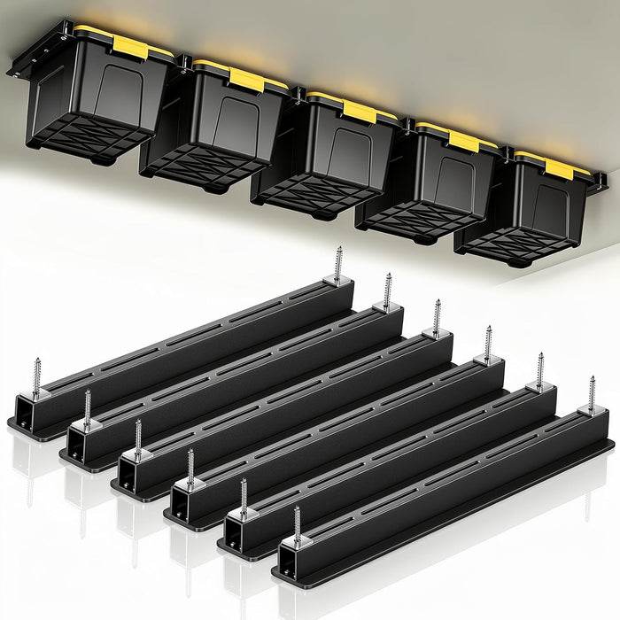 WooFog Ceiling Utility Bin Rails Storage Rack, Overhead Garage Storage Racks, Heavy Duty Hanging Storage Racks for Garage, Adjustable Width, Black (26in-6 Sets for 5 Bins)