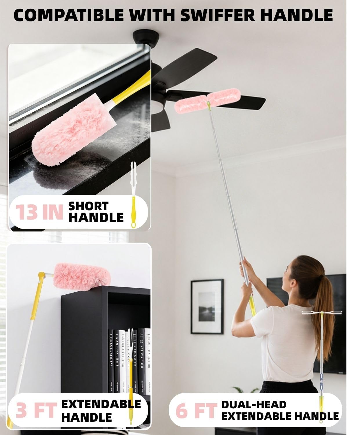 50 PCS Duster Refills with 6 FT Extendable Handle, Heavy Duty Duster Refills Kit Compatible with Swiffer, 360 Disposable Microfiber Duster Pads for Ceiling Fan, Blind & Hard to Reach Areas Cleaning