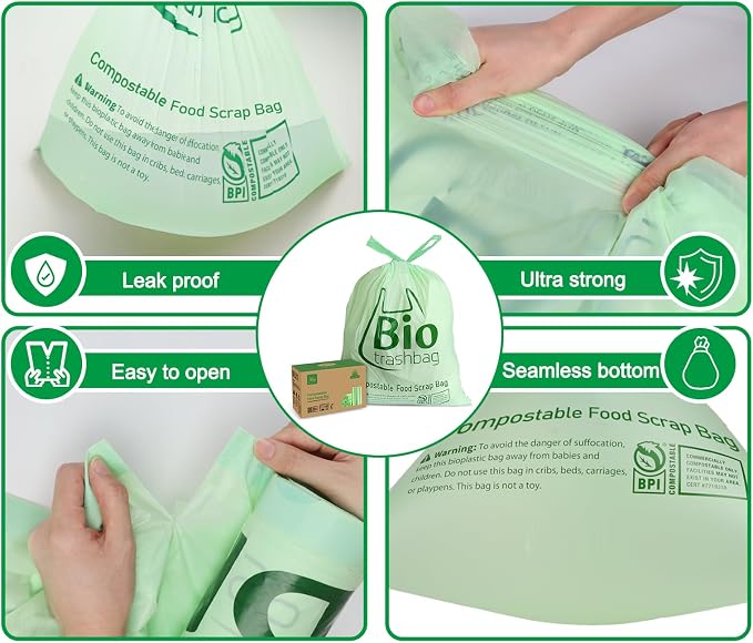 13 Gallon Compostable Trash Bags, Biodegradable Drawstring Compost Food Waste - Image 3