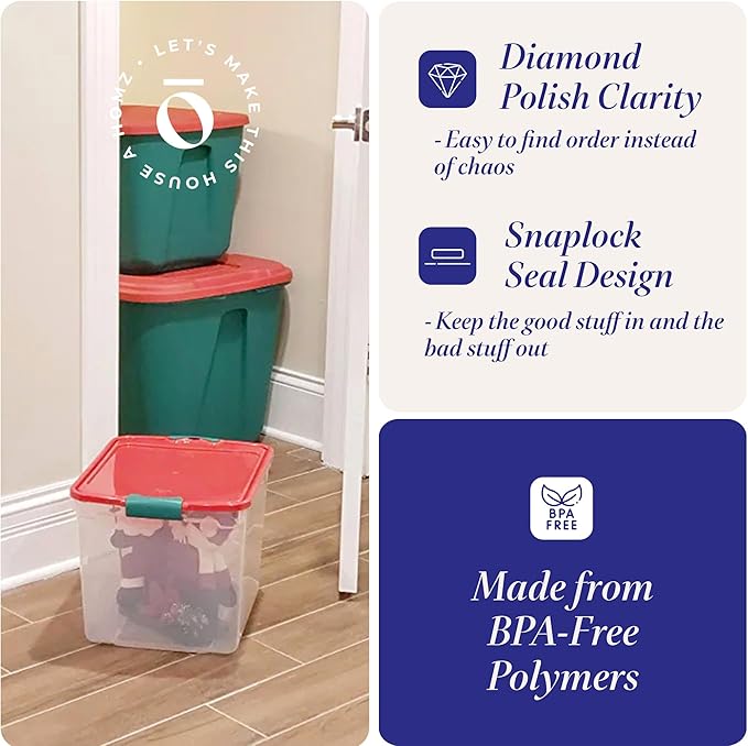 HOMZ 4-Pack Holiday Tote, Plastic Storage Organizer Bins - Image 3
