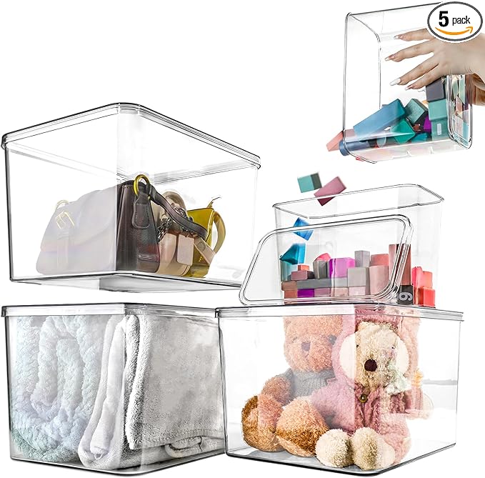 Storage Boxes, 5 Packs Transparent Food Organizer, Stackable Lidded Storage Bins by sgoostood