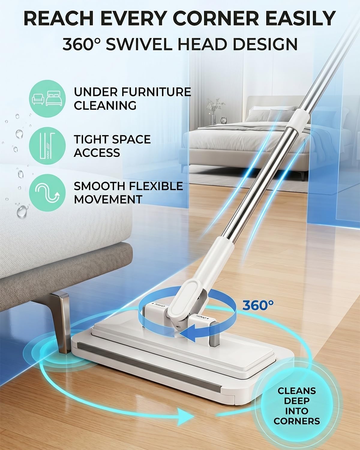 Hands Free Multi Purpose Flat Mop One Click Mini Snap Grip Easy Tap Disposable Multifunctional Lazy Clamp Dust Wall Bathroom Mop System Using Any Cloth Attachment Changing for Floor(53.1in Set)