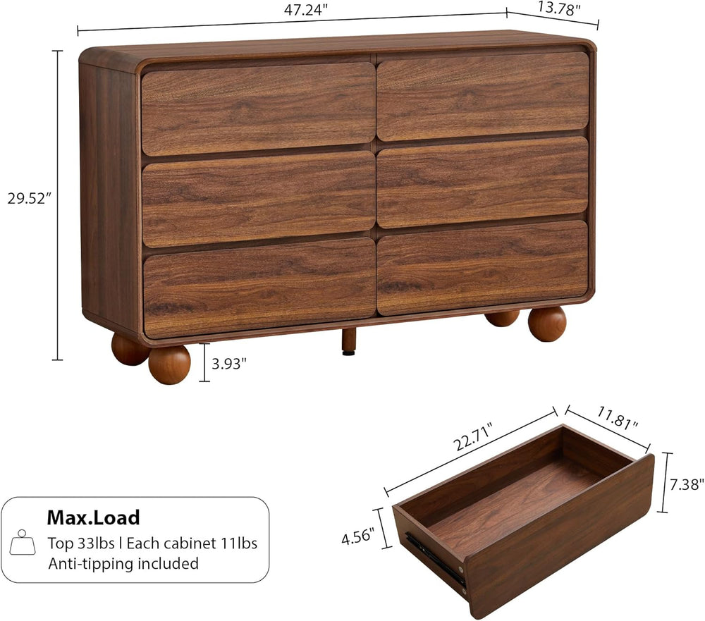 Modern 6 Drawer Dresser for Bedroom, 48" Wooden Chest of Drawers, Walnut