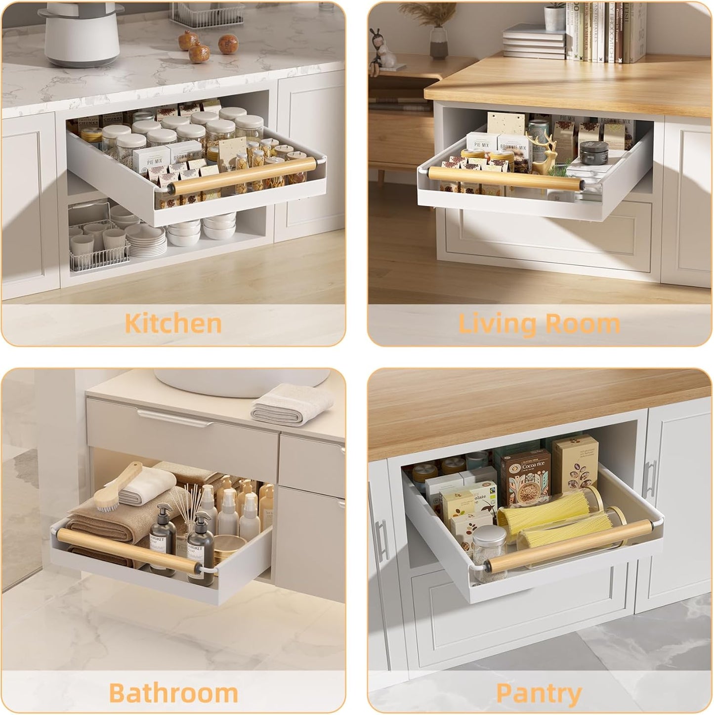 2 Pack No-Drill Pull Out Cabinet Organizer 15.3'' Deep Expandable Slide Out Drawers for Kitchen Pantry & Under Sink Storage, Adhesive Nano Film Mount, White