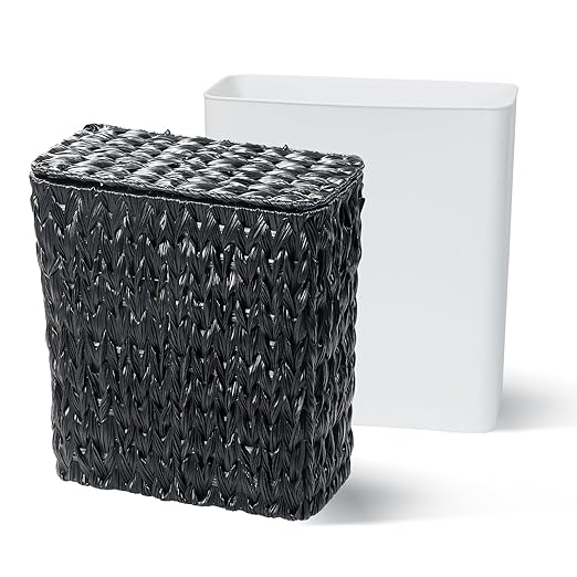 Black Wicker Trash Can with Lid and Liner, Waterproof Narrow Waste Basket - Image 6