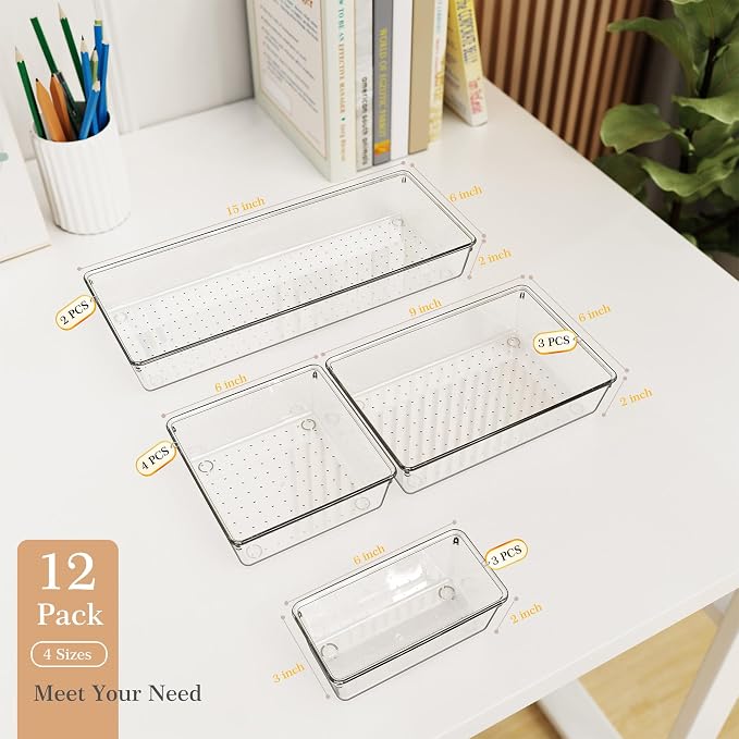 Criusia Drawer Organizer, 12 Pack Clear Plastic Kitchen Drawer Organizers Set - Image 3