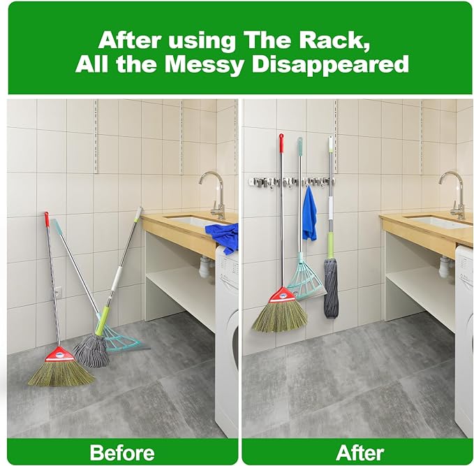voze 5 Racks and 4 Hooks Mop and Broom Holder Wall Mount, Self Adhesive Heavy - Image 4