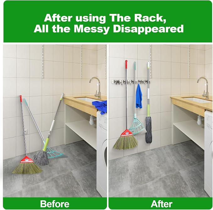 voze 3 Racks and 4 Hooks Mop and Broom Holder Wall Mount, Self Adhesive Heavy - Image 4