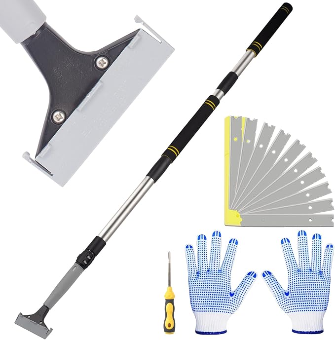 Floor Scraper Telescopic Pole, 38 to 82in Heavy Duty 4Inch Razor Blade Long by Frebuta