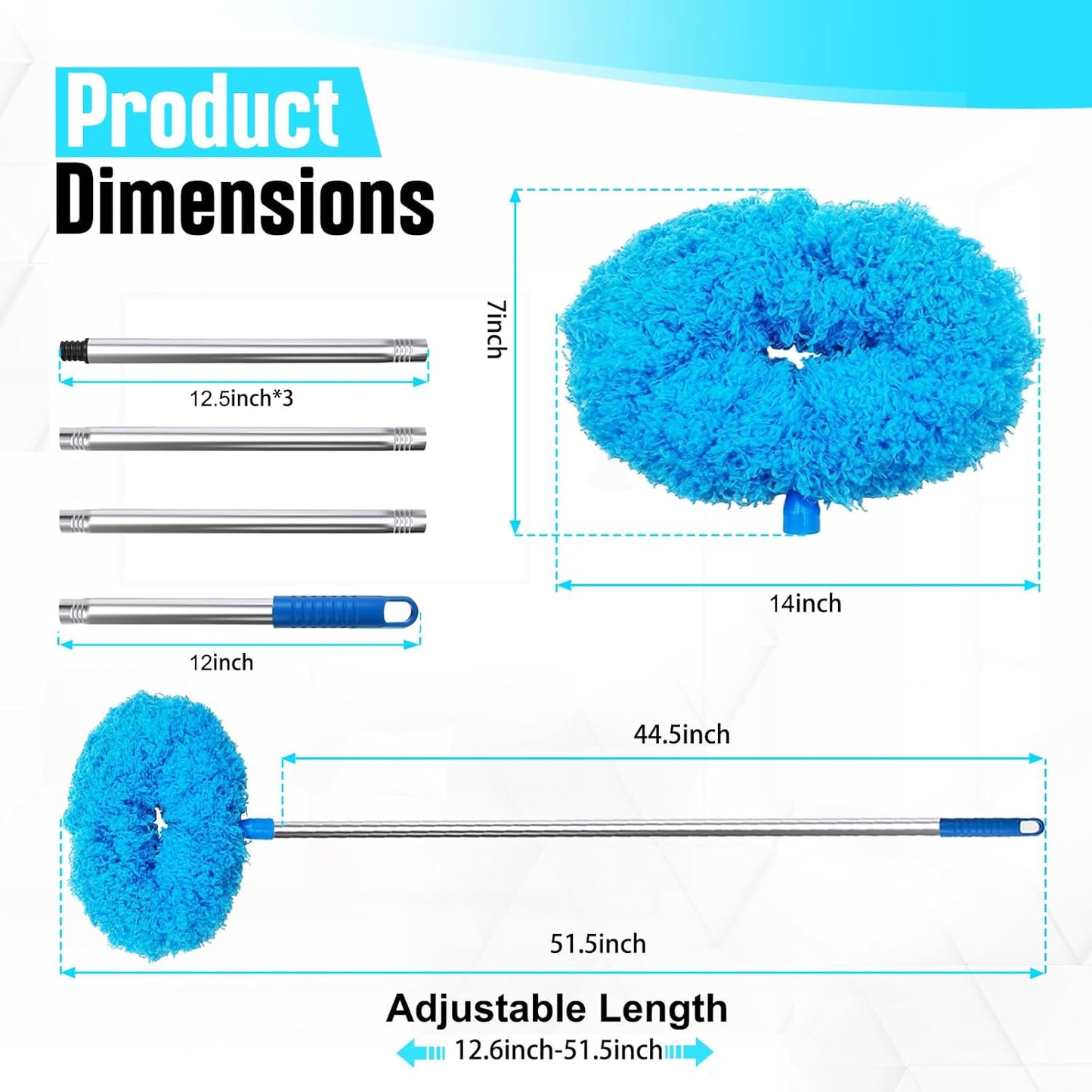Ceiling Fan Cleaner Duster with Extension Pol, 12 to 51 Inch Duster Length, Reusable Microfiber Dusters for Cleaning Fan Blades, Cobwebs, Walls, Windows & High Ceilings, Removable, Blue