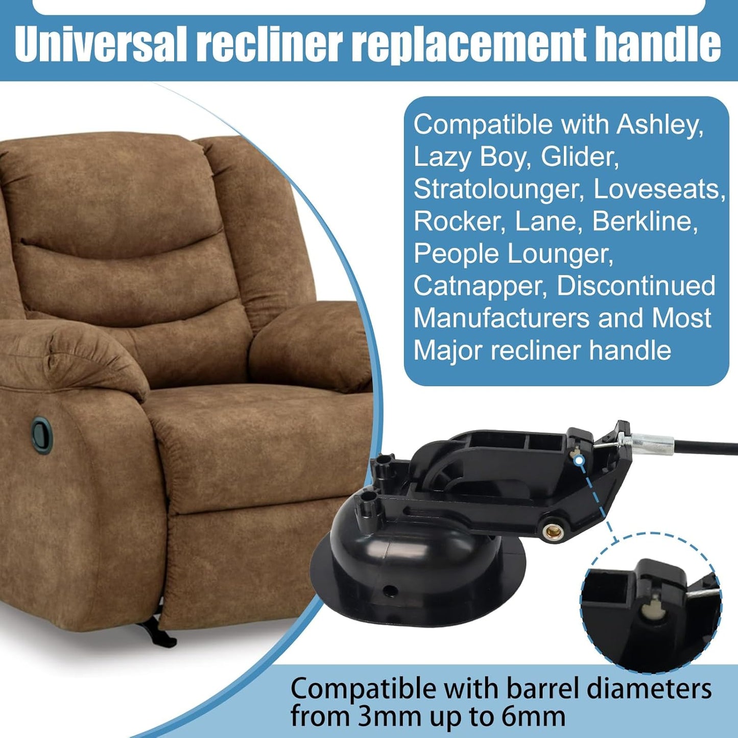 Podoy Recliner Pull Handle Replacement Parts,Universal Recliner Pull Cable Release Compatible with Lazy Boy Ashley and Most Furniture Sofa Chair, Couch Release Handle Size 3" by 3.5"