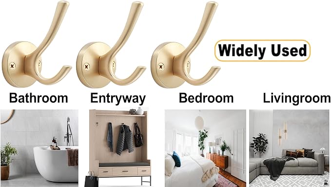 Gold Wall Hooks, 5 Pack Coat Robe Hook Heavy Duty Metal Double Bath Hook Wall - Image 2