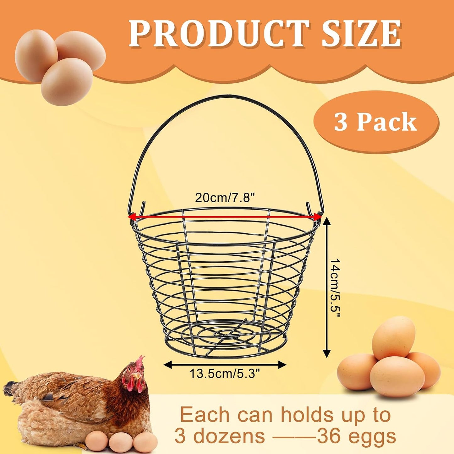 3 PCS 8" Black Round Wire Egg Baskets With Handle Egg Collecting Basket | Small Metal Egg Basket for Gathering Fresh Eggs, Chicken and Duck Eggs Hunting Basket Egg Holder Countertop