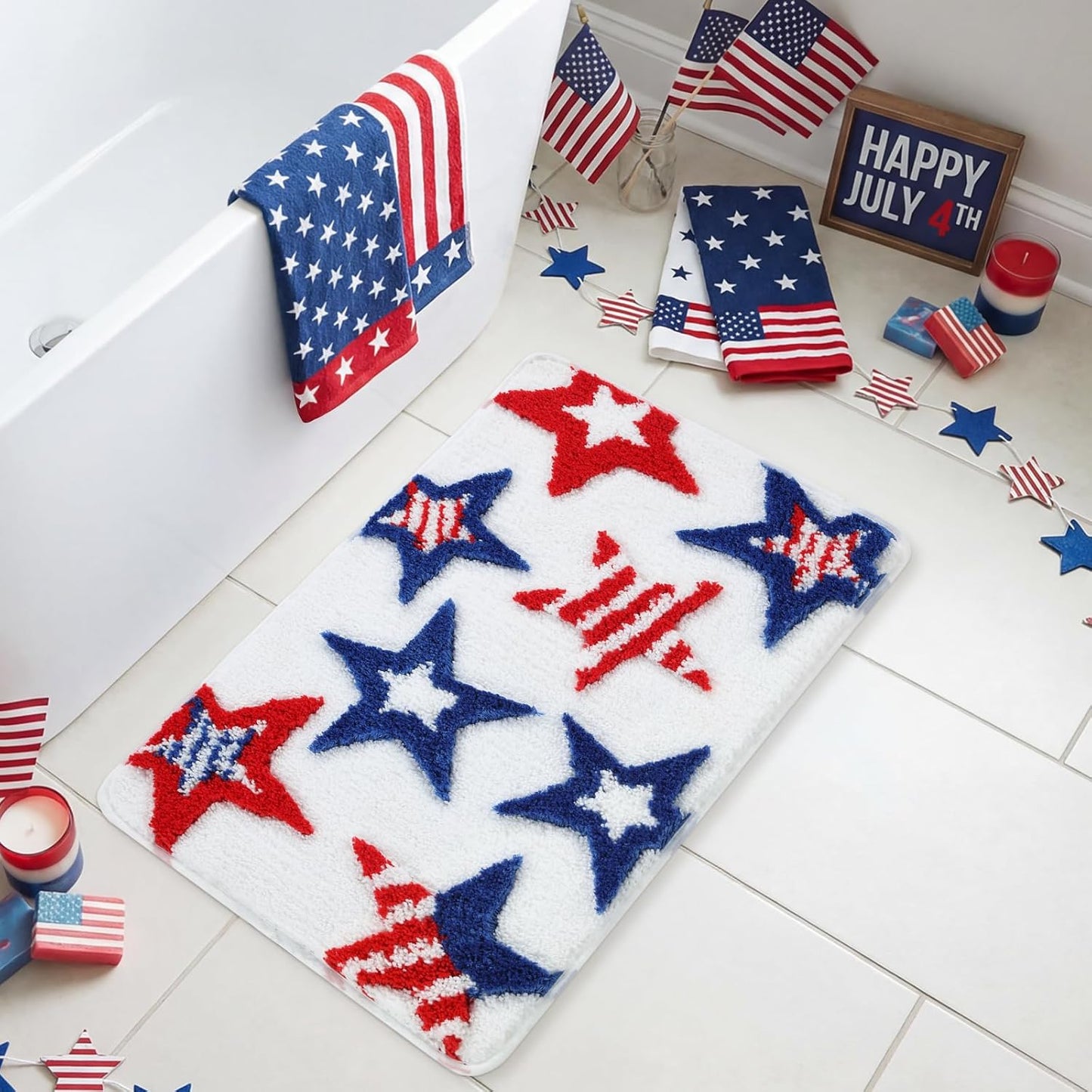 Moutina 3D Red White Blue Stars Bathroom Rugs 17x29 Inch, Soft and Absorbent Tufted 4th of July Rug Non Slip Washable, Patriotic Bathroom Decor Bath Mat Holiday Decorations