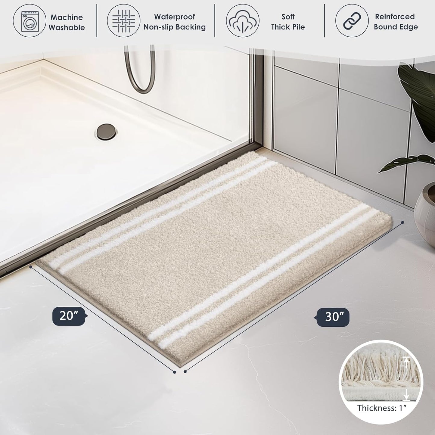 PURRUGS Bathroom Rug Non-Slip Machine Washable 20" x 30", Super Absorbent and Quick Dry Shaggy Microfiber Bath Mat, Extra Soft and Plush Bath Rug for Bathtub, Shower, and Sink, Beige