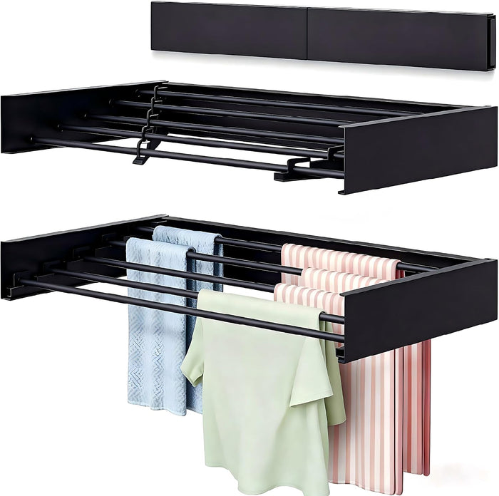 Wall Mounted Laundry Drying Rack, Carbon Steel Foldable & Retractable Clothes Drying Rack, Space Saving Adjustable Towel Holder for Bathroom, Laundry, Small Spaces (1, Black, 80cm)