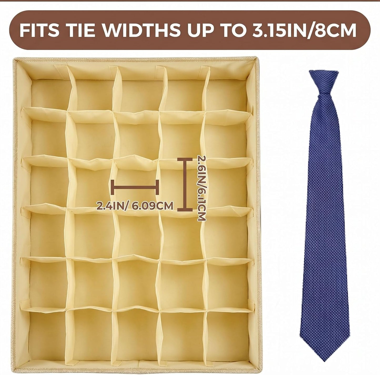 2-Pack Beige Sock & Tie Organizer with Lid, 30-Cell Foldable Storage Box | Keeps socks, ties, belts, small accessories neatly organized with a foldable, dustproof design and easy-access compartments