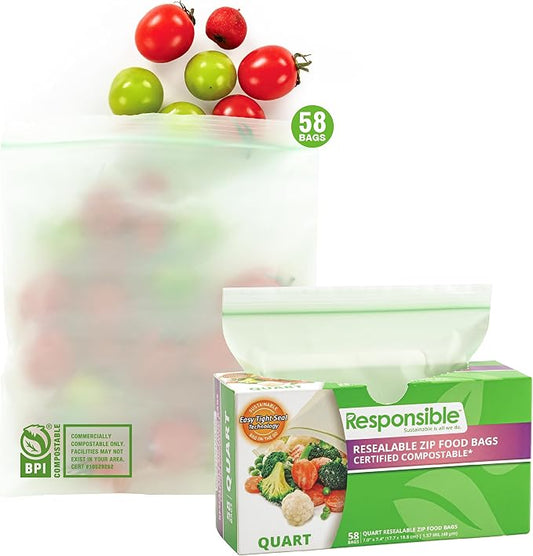 Responsible Products Certified Compostable QUART Resealable Zip Bag, Extra by ResponsibleProducts%C2%AE