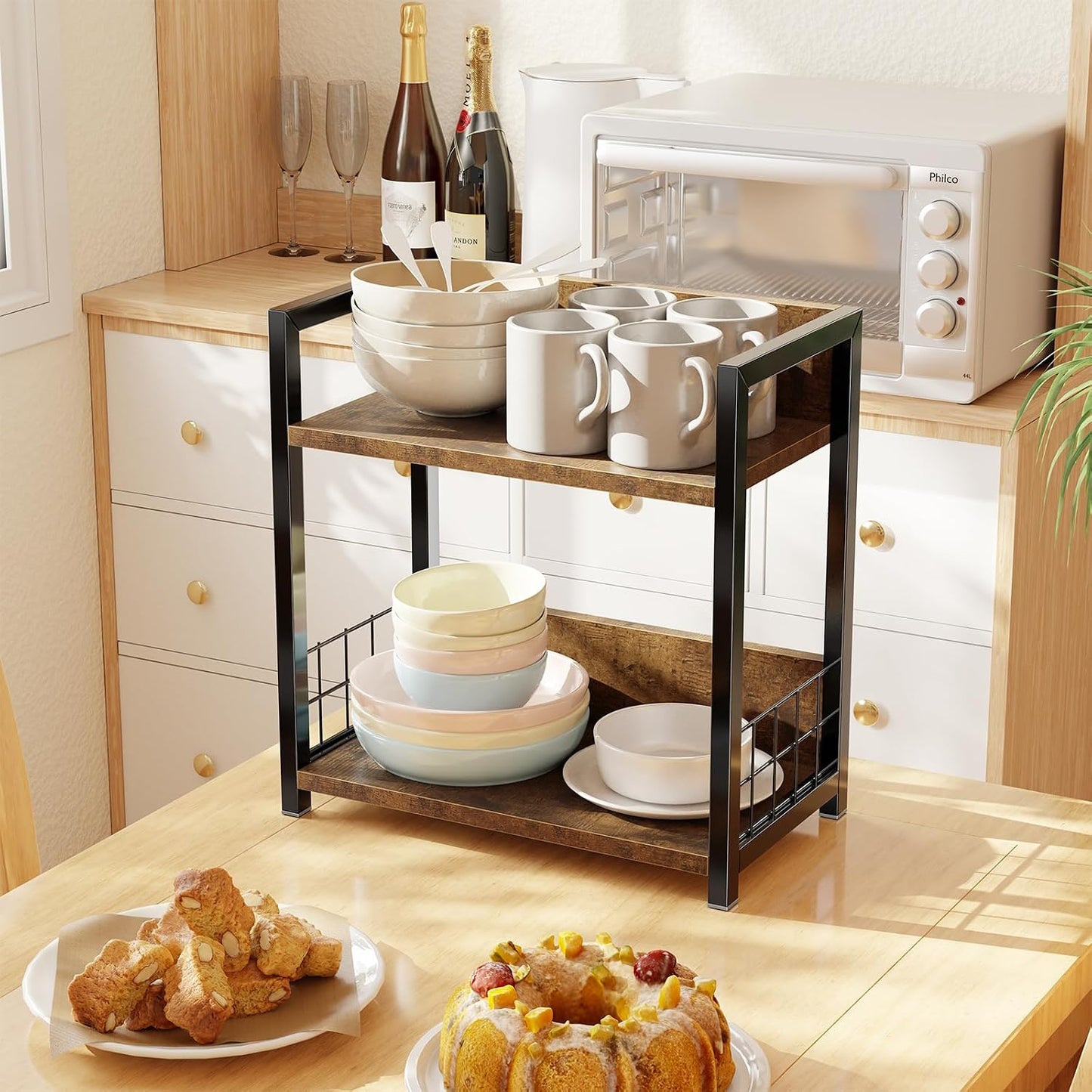 Simple Trending Countertop Shelf Organizer, 2 Tier Kitchen Spice Rack, Coffee Bar Station Storage, for Kitchen Cabinet Bathroom Living Room, Brown, M