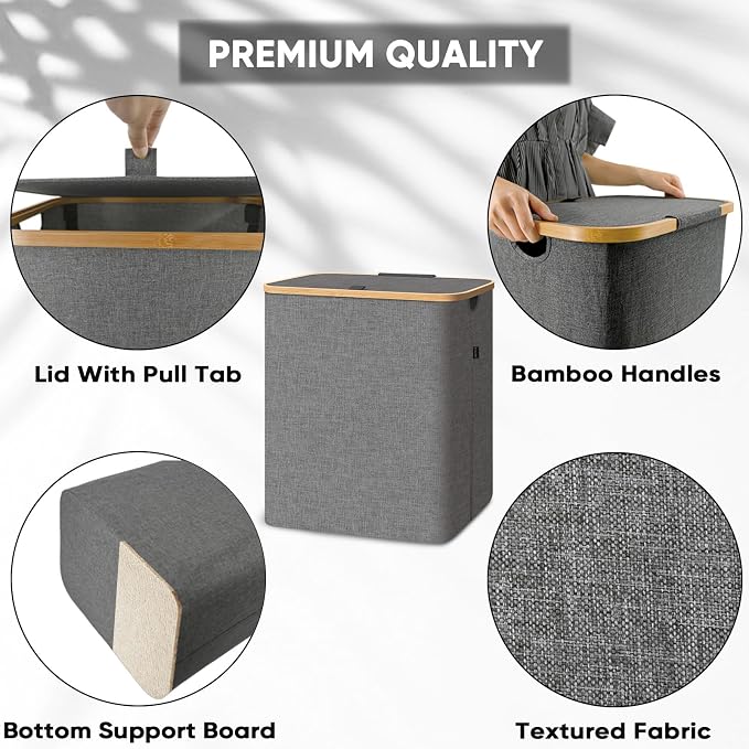 BALEINE Laundry Hamper with Lid, Tall Laundry Baskets with Bamboo Pull Handles - Image 3