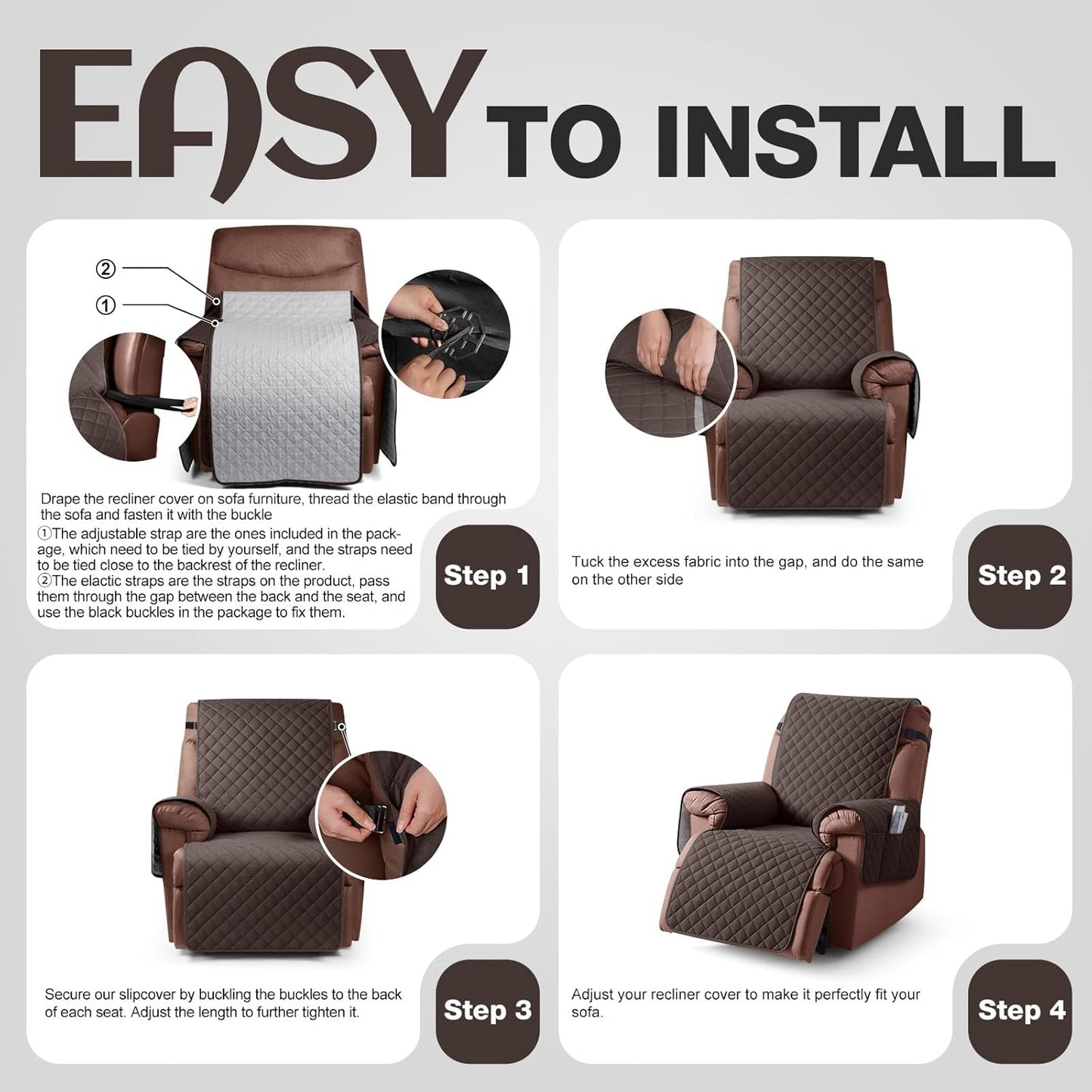 KinCam 100% Waterproof Recliner Chair Cover, Reclining Couch Covers for Pets, Dogs, Recliner Couch Slipcover Furniture Protector with Elastic Straps for Kids(23.6", Chocolate)