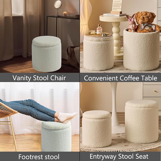 Round Ottoman with Storage Set of 2-Upholstered Sherpa Vanity Stool - Image 6