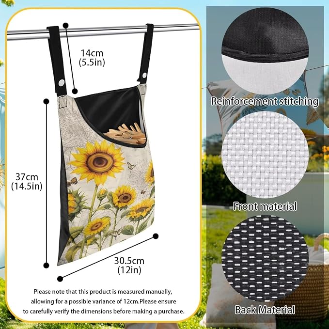 2 Pcs Sunflowers Print Clothespin Bag, Laundry Hanging Bag Fits Clothes Lines - Image 6
