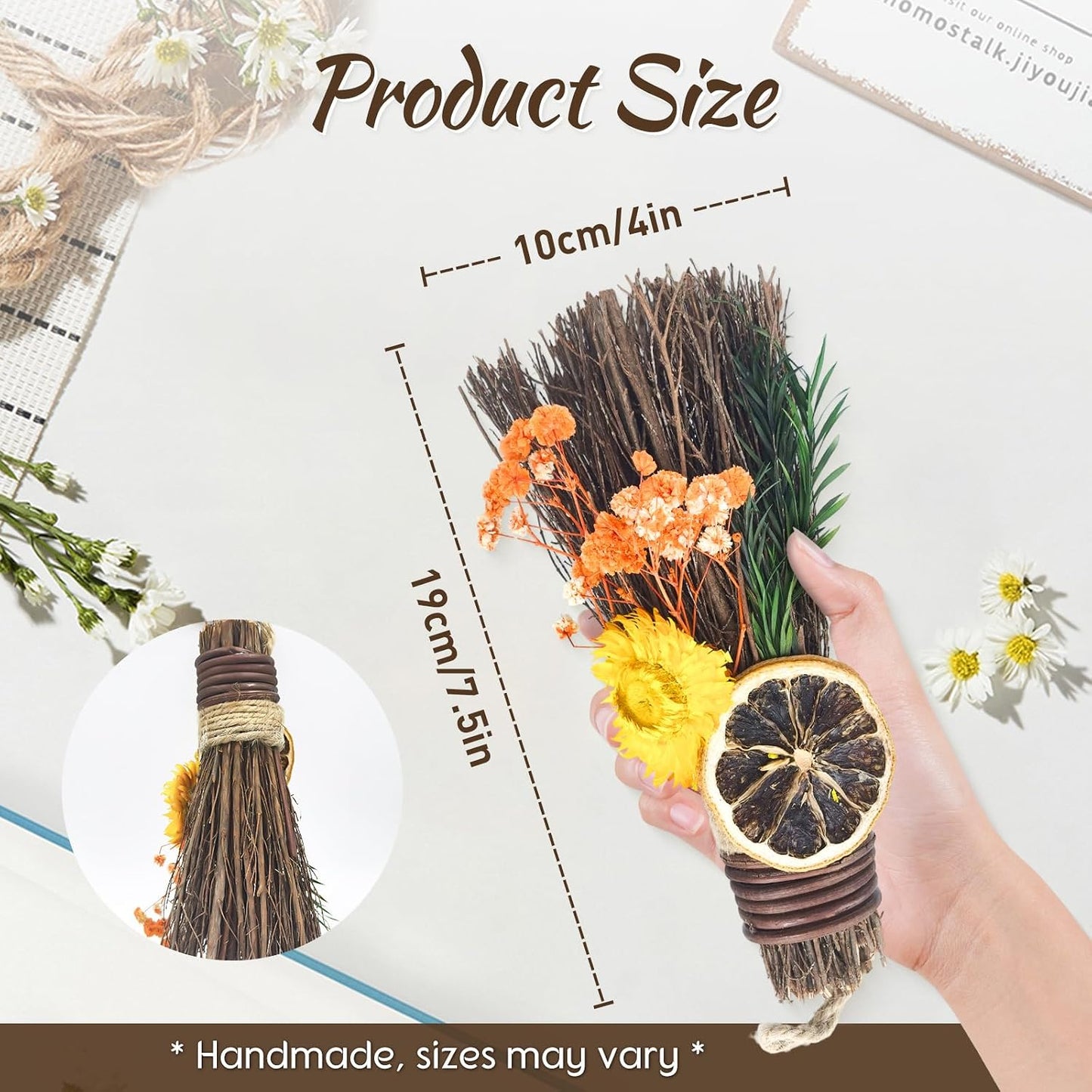 Cinnamon Broom 7.5 Inch Mini Fall Floral Cinnamon Broomstick | Fall Decor Handmade Witch Broom Scented Natural Herbal Protection for Altar Fall Flowers Home Wall Porch Decoration