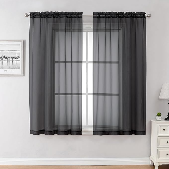 Chyhomenyc Black Sheer Curtains 45 Inches Length 2 Panels, Light Filtering Soft by Chyhomenyc