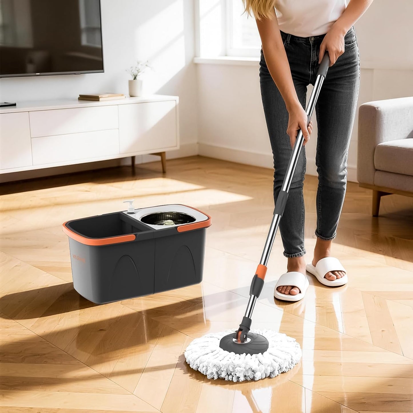 YASHE Foldable Spin Mop and Bucket System, Dual-Bucket Cleaning & Stainless Steel Wringing, Collapsible Storage with Detergent Bottle, 2 Reusable Microfiber Mop Heads for Floor Cleaning