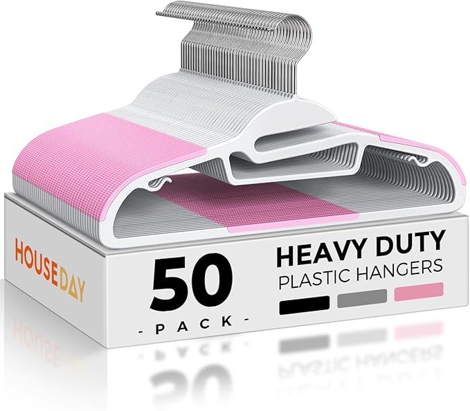 HOUSE DAY Pink Plastic Hangers 50 Pack, Slim Space Saving, Non Slip Hangers by HOUSEDAY