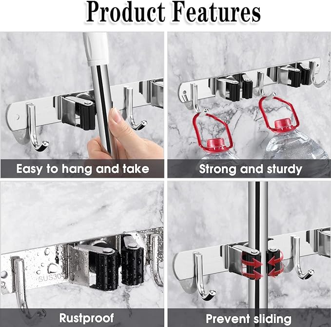 2 Racks and 3 Hooks Broom and Mop Holder Wall Mounted Garage Organizer Storage - Image 2