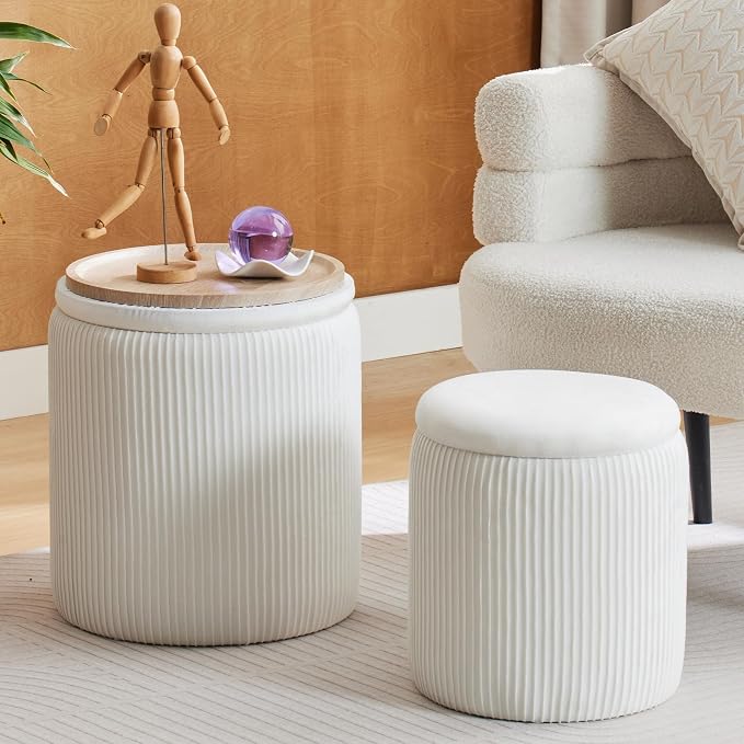 Round Ottoman with Storage Set of 2-Upholstered Velvet Vanity Stool by HomePage