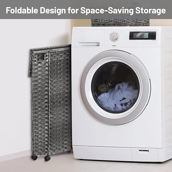 70L Slim Laundry Hamper with Lid & Wheels, Rolling Laundry Basket with 2 - Image 8