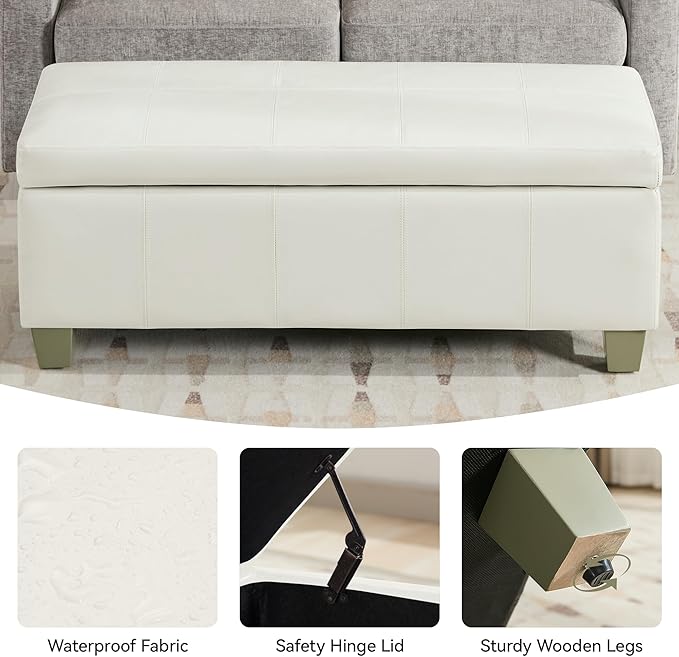 51" Faux Leather Storage Ottoman, Stitch Tufted Rectangle Upholstered End of - Image 4