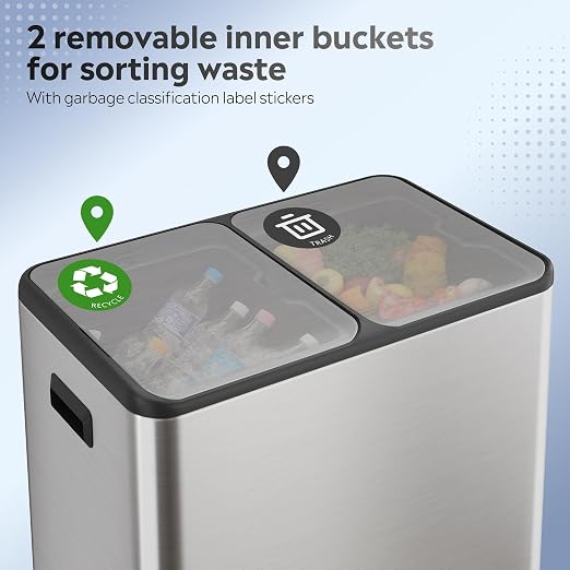 WLIVE 2 x 8 Gallon / 2 x 30 Liter Dual Trash Can, Stainless Steel Double - Image 4