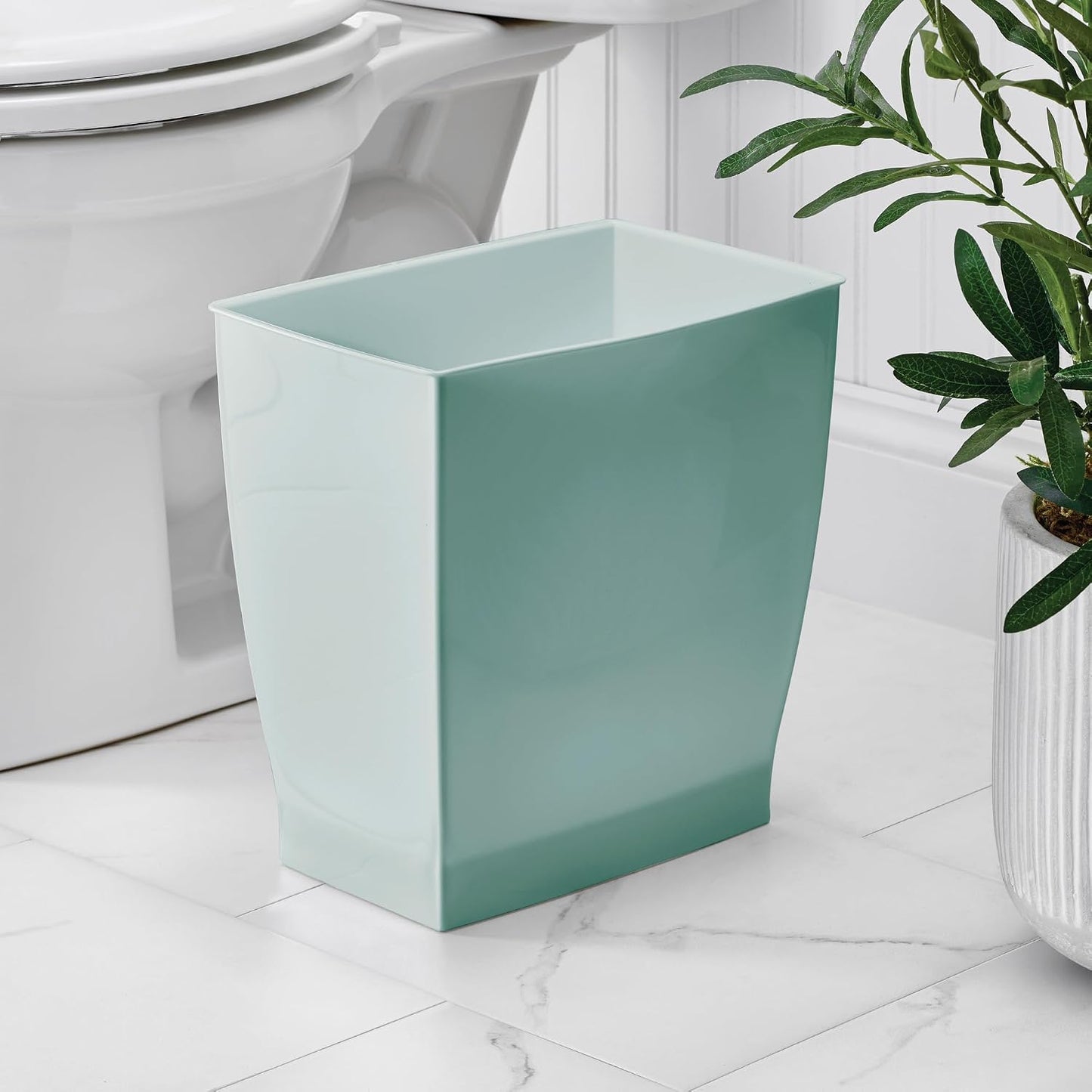 iDesign Small Plastic Bathroom Trash Can, Slim Rectangle Soft Aqua Blue | For Bedroom, Office, Dorm