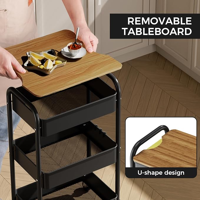 3 Tier Rolling Cart with Table top, Metal Utility Cart, Sturdy Storage - Image 3