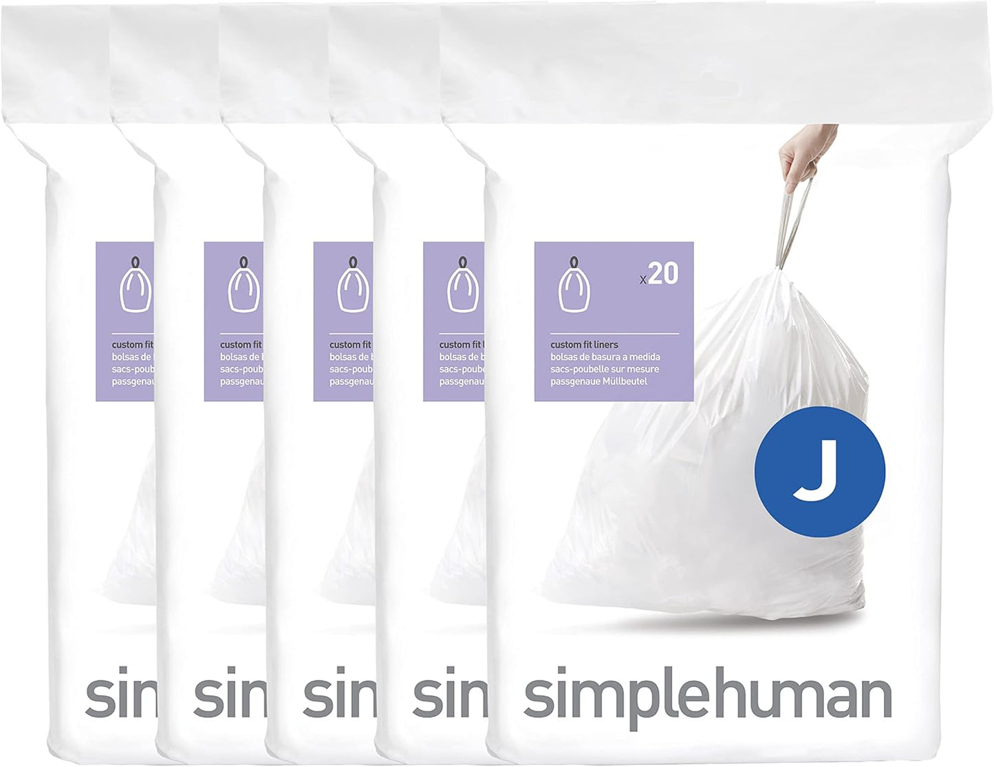 simplehuman Code J 100 Count Custom Fit Liners, Drawstring Kitchen Trash Bags, One-by-One Mess-Free Dispense, Extra Thick & Double Seamed, 50% PCR Plastic, 38-45 Liter / 10-12 Gallon, White