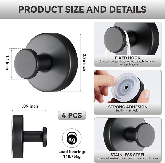 4 PCS Suction Cup Hooks for Shower, Stainless Steel No Drill Towel Hooks - Image 2